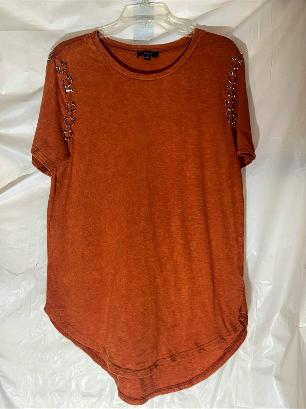 Very J Rust Orange Short Sleeve Tee with Grommet Chain Detail